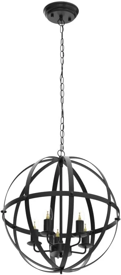 DLLT Pendant Light Metal, 5-Light Globe Pendant Lighting, Adjustable Hanging Ceiling Chandelier Light Flush Mount for Kitchen, Dining Room, Living Room, Hallway, Bedroom, Entryway, E12-Matte Black