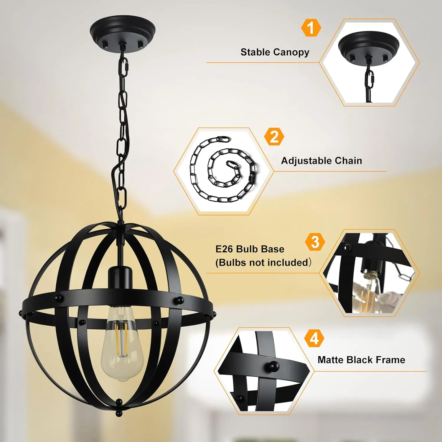 DLLT Vintage Globe Pendant Hanging Light, Matte Black, 1-Light, E26 Base, Ideal for Dining Room, Kitchen Island, Living Room, Home Office