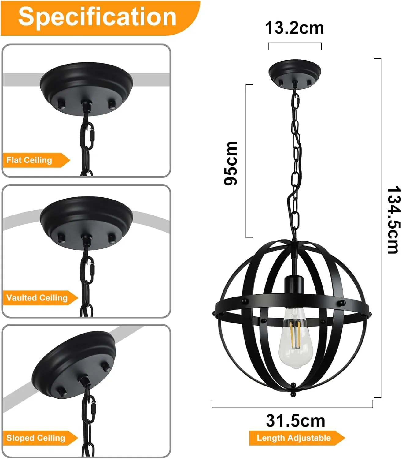 DLLT Vintage Globe Pendant Hanging Light, Matte Black, 1-Light, E26 Base, Ideal for Dining Room, Kitchen Island, Living Room, Home Office