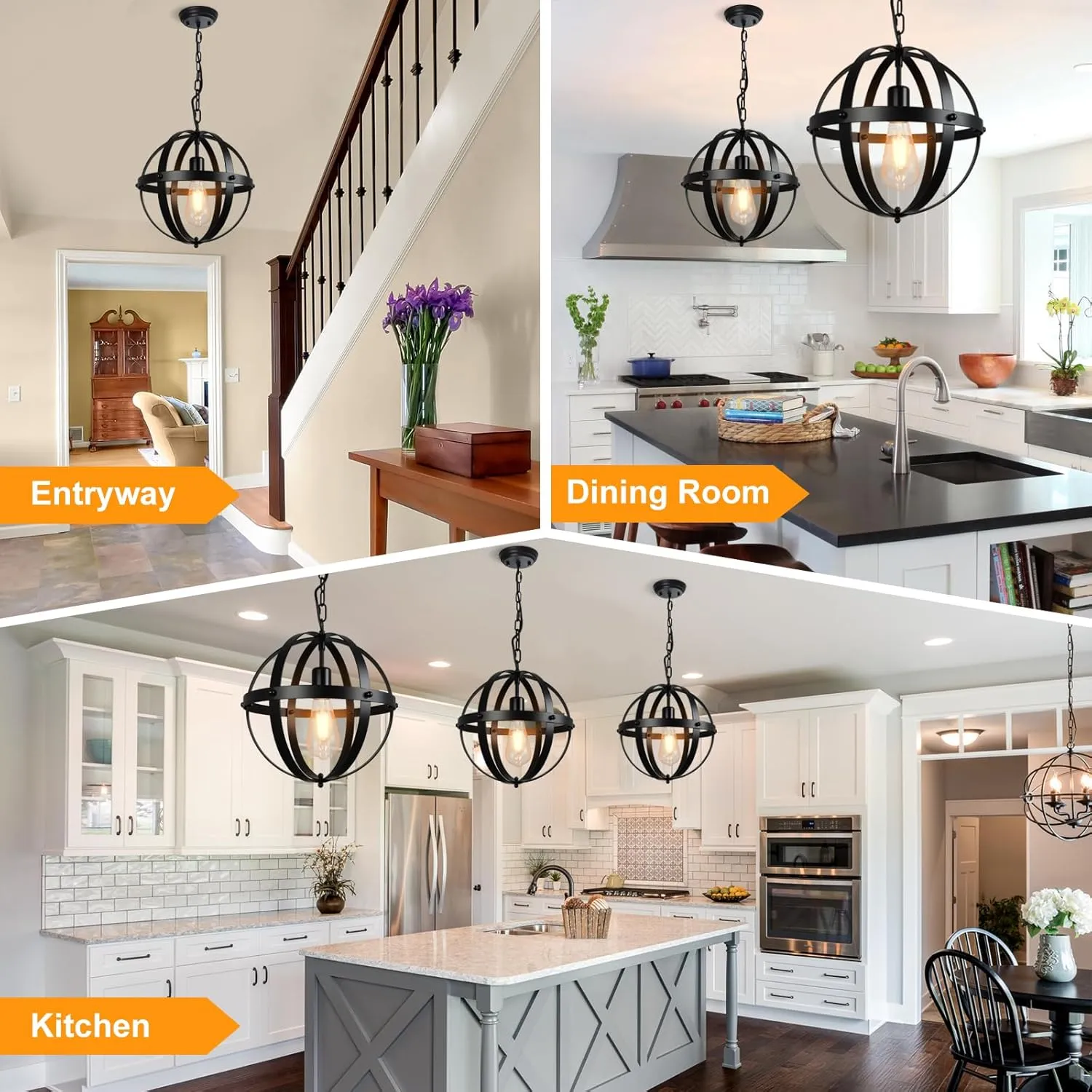 DLLT Vintage Globe Pendant Hanging Light, Matte Black, 1-Light, E26 Base, Ideal for Dining Room, Kitchen Island, Living Room, Home Office