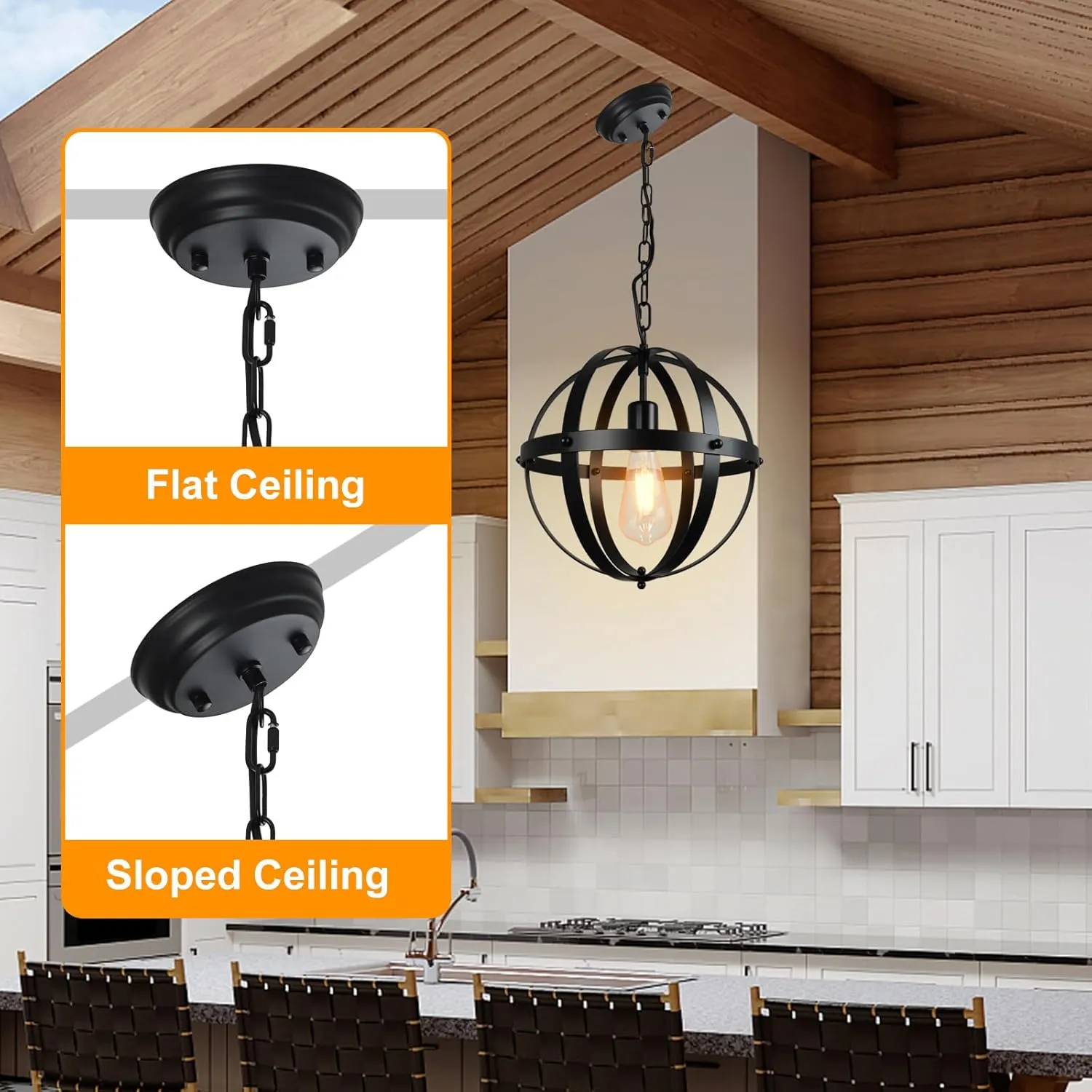 DLLT Vintage Globe Pendant Hanging Light, Matte Black, 1-Light, E26 Base, Ideal for Dining Room, Kitchen Island, Living Room, Home Office