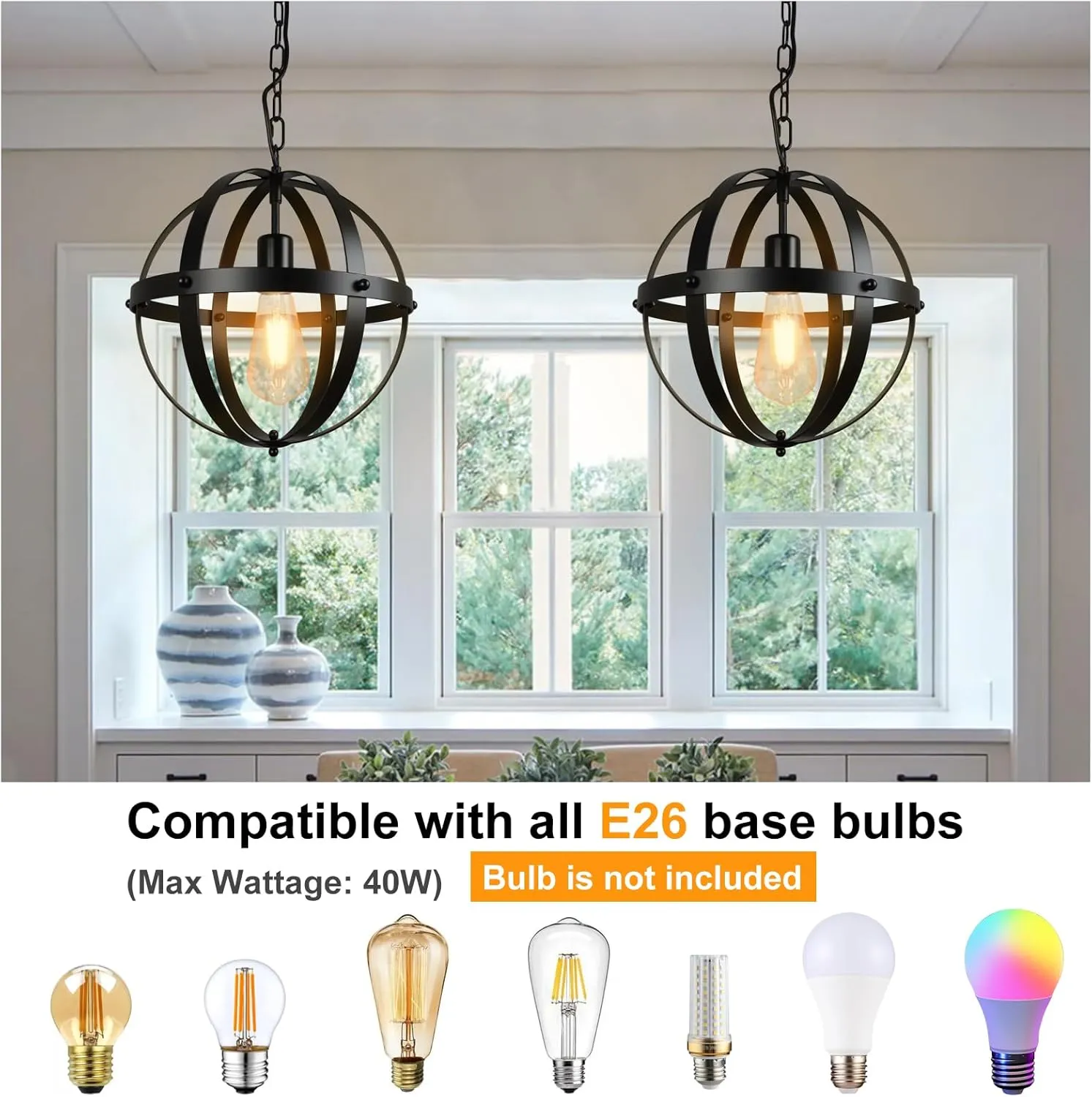 DLLT Vintage Globe Pendant Hanging Light, Matte Black, 1-Light, E26 Base, Ideal for Dining Room, Kitchen Island, Living Room, Home Office