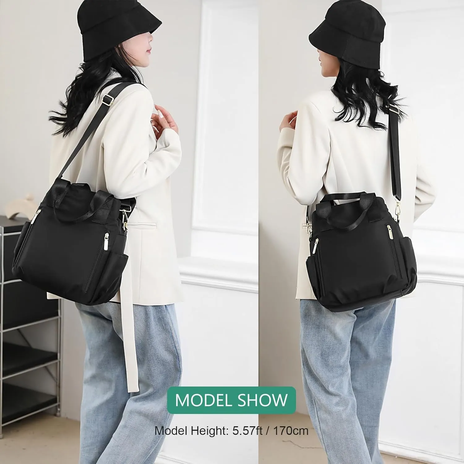 DOURR Light 3 Compartments Crossbody Bags for Women Triple Zip Top Handle Handbag Multi-pocket Nylon Satchel
