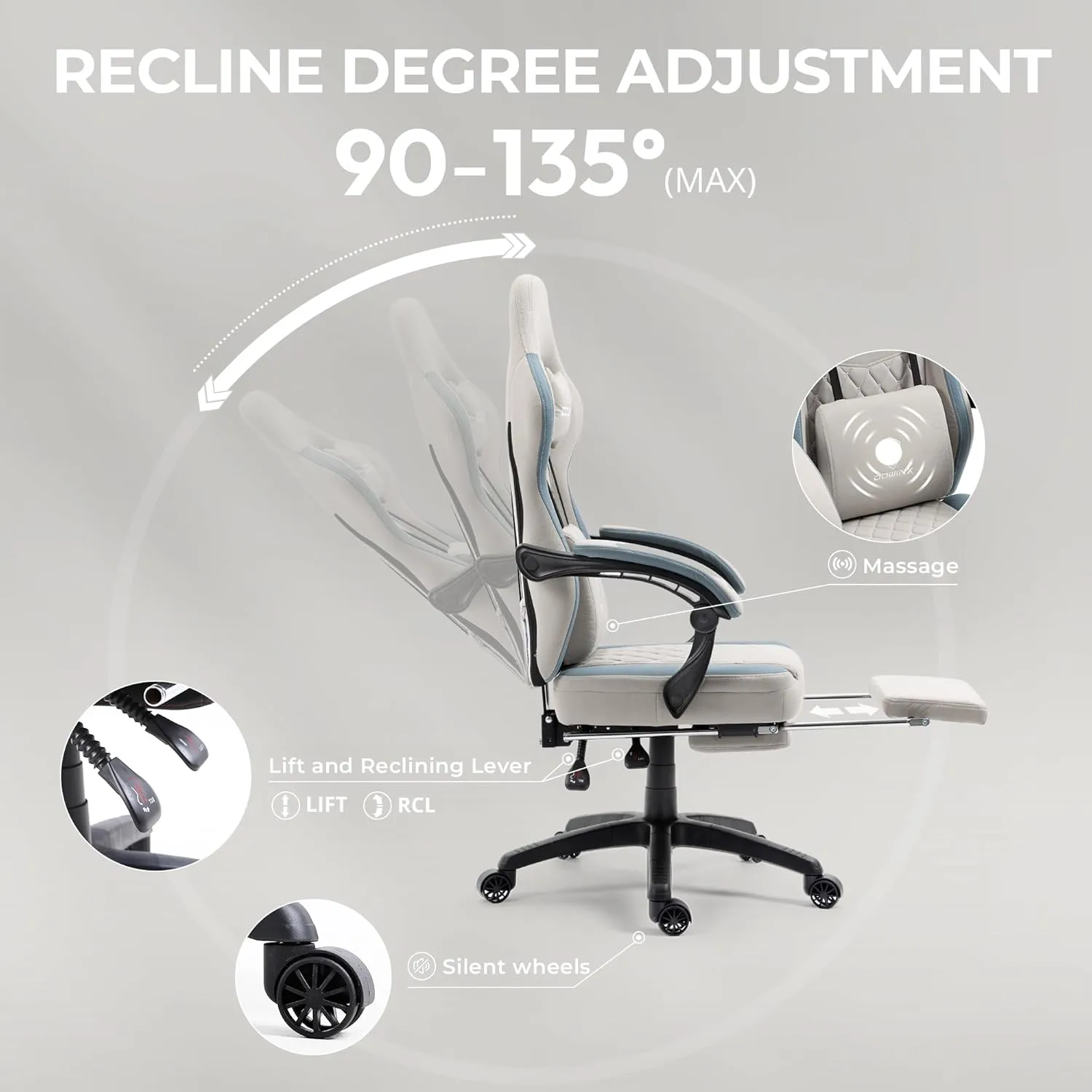 Dowinx Gaming Chair Breathable Fabric Game Chair with Gel Pad and Storage Bag, Comfortable Gamer Chair with Pocket Spring Cushion,Ergonomic Computer Chair with Footrest,Grey