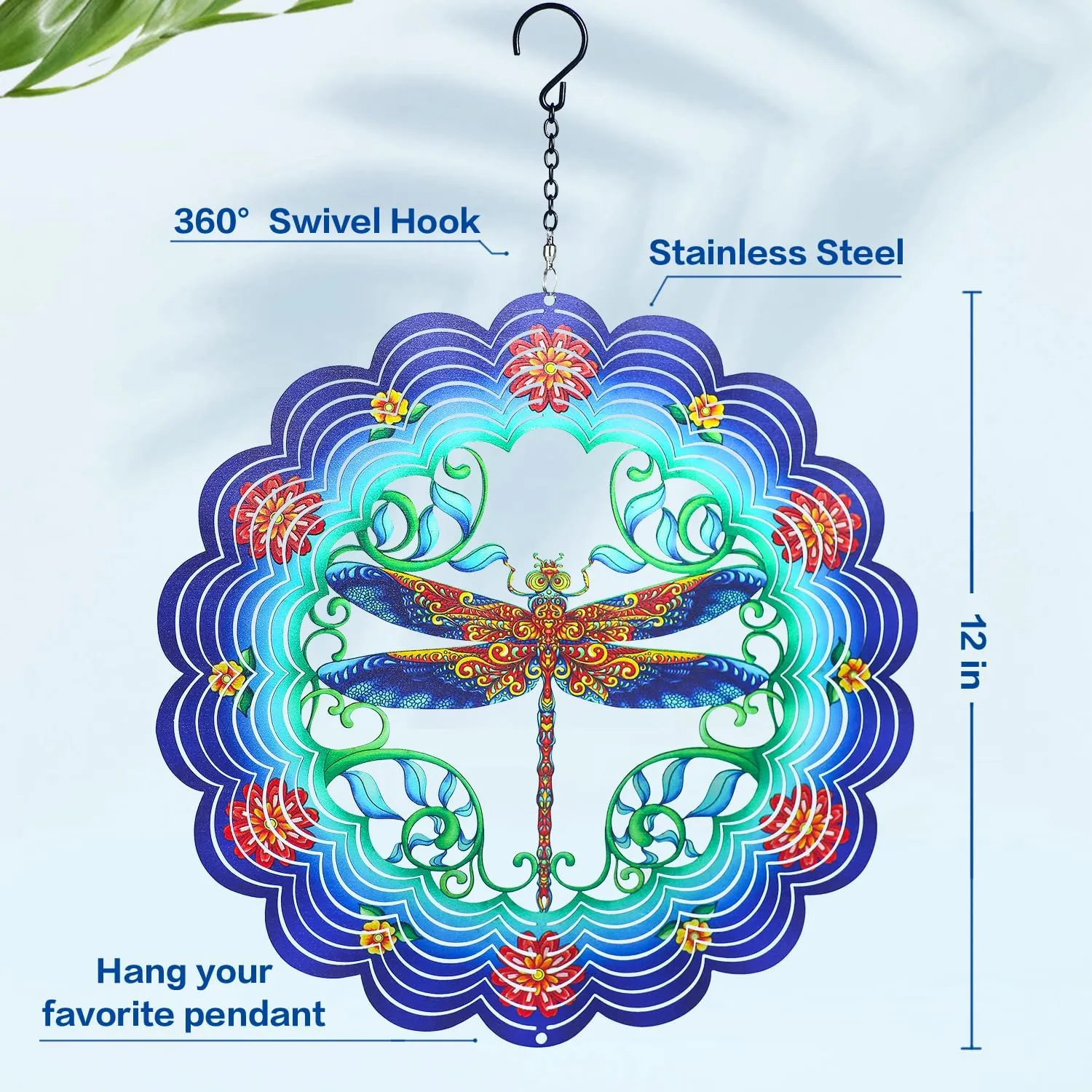 Dragonfly Wind Spinners Dragonfly Gifts for Women/Men 12 inch 3D Stainless Steel Hanging Wind Spinner Metal Wind Catchers Kinetic Sculpture for Indoor/Outdoor Decor, Yard Art, Garden Decorations