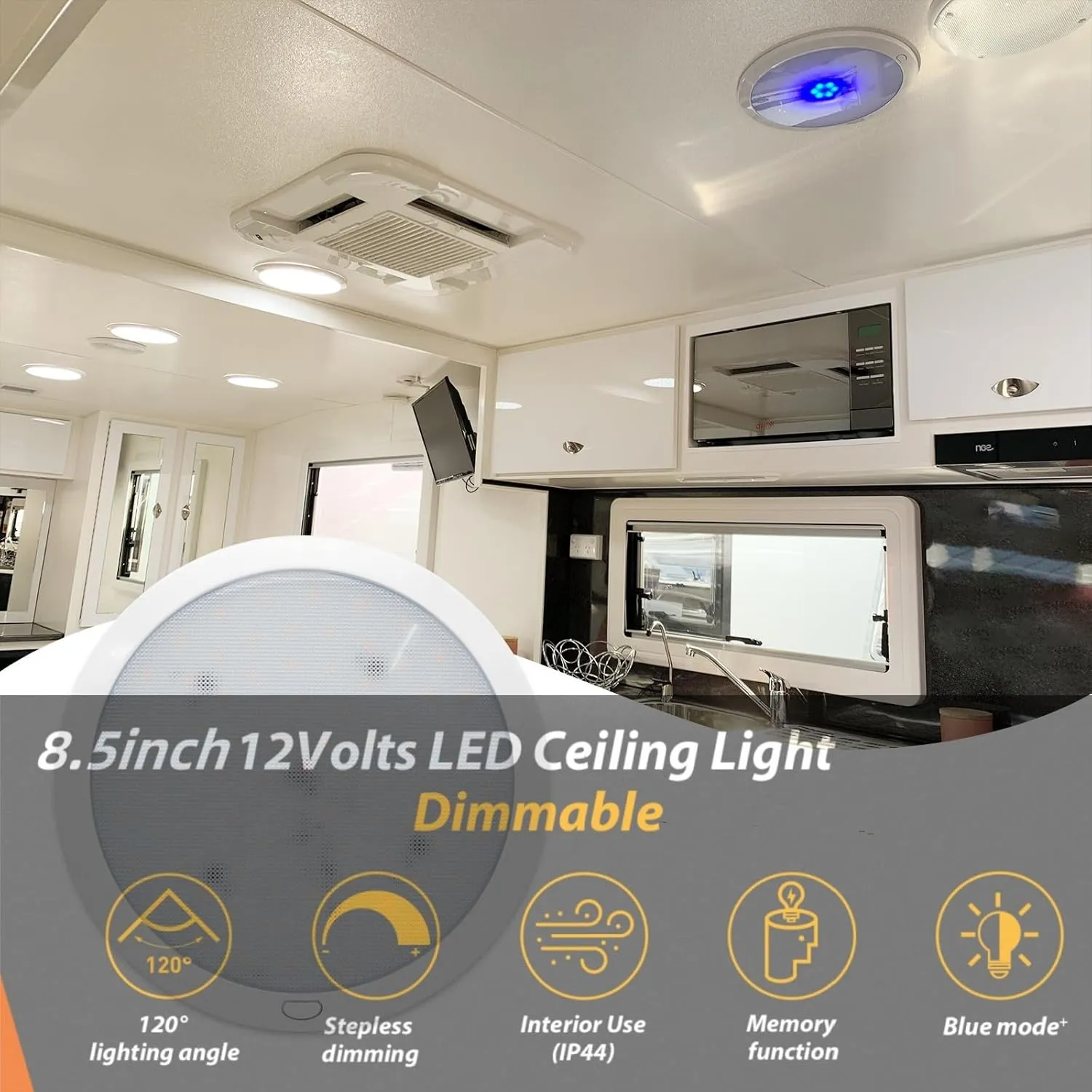 Dream lighting 12v Ceiling Light for RV Boat Interior 8.5inch LED Round Ceiling Mount Light Fixture with Dimmer Switch 3000K White and Blue Lighting 14.3W 750lumens - 1 Light