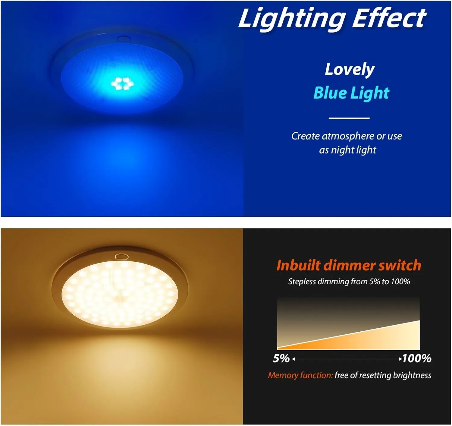 Dream lighting 12v Ceiling Light for RV Boat Interior 8.5inch LED Round Ceiling Mount Light Fixture with Dimmer Switch 3000K White and Blue Lighting 14.3W 750lumens - 1 Light