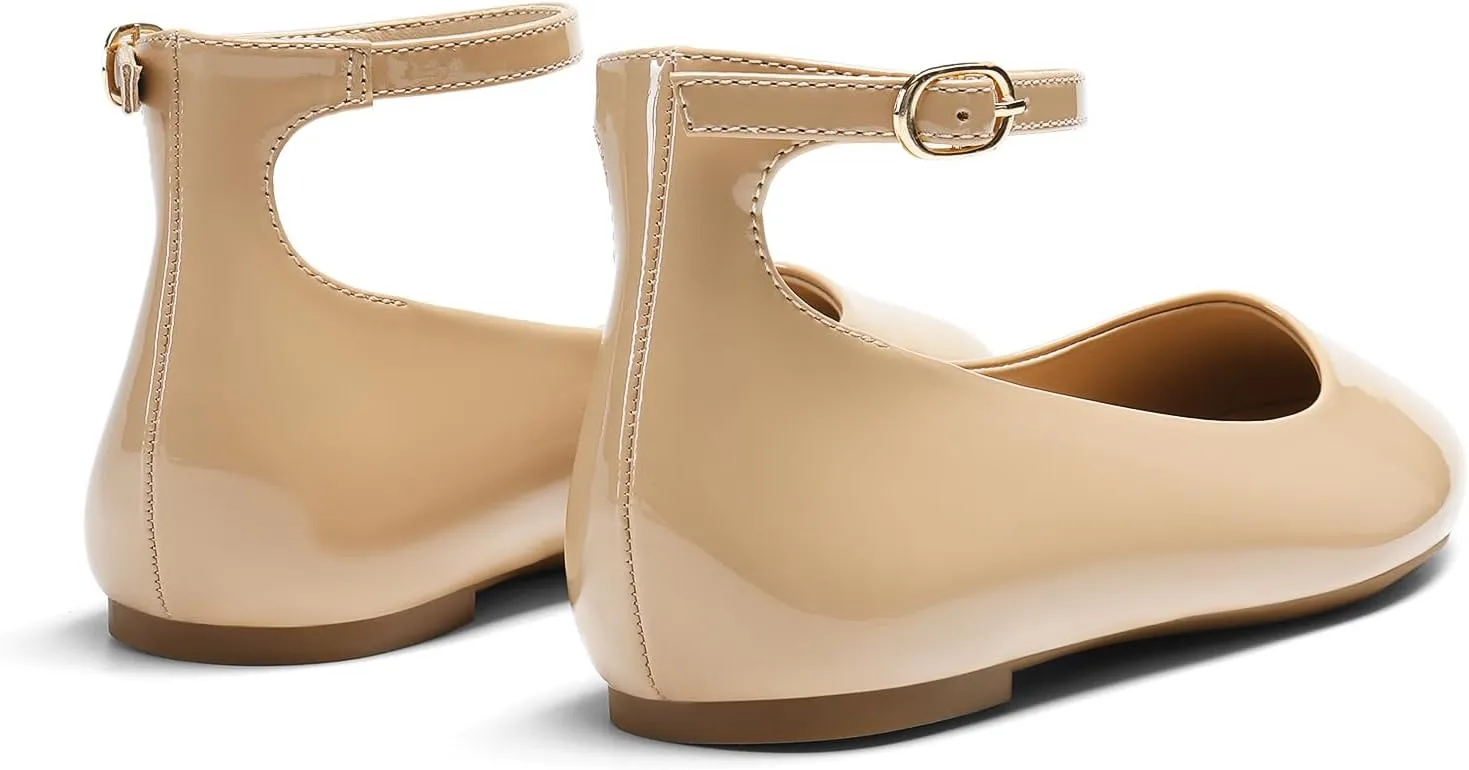 DREAM PAIRS Women's Dressy Ballet Flats Shoes Round Toe Comfortable Ankle Strap Patent Ballerina Flats Shoes