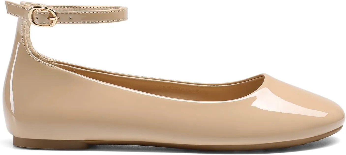 DREAM PAIRS Women's Dressy Ballet Flats Shoes Round Toe Comfortable Ankle Strap Patent Ballerina Flats Shoes