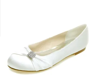 Dress First Wedding Shoes Rhinestone Flats for Women Bridal Shoes Rhinestone Flats Heel Round Toe Satin Elegant