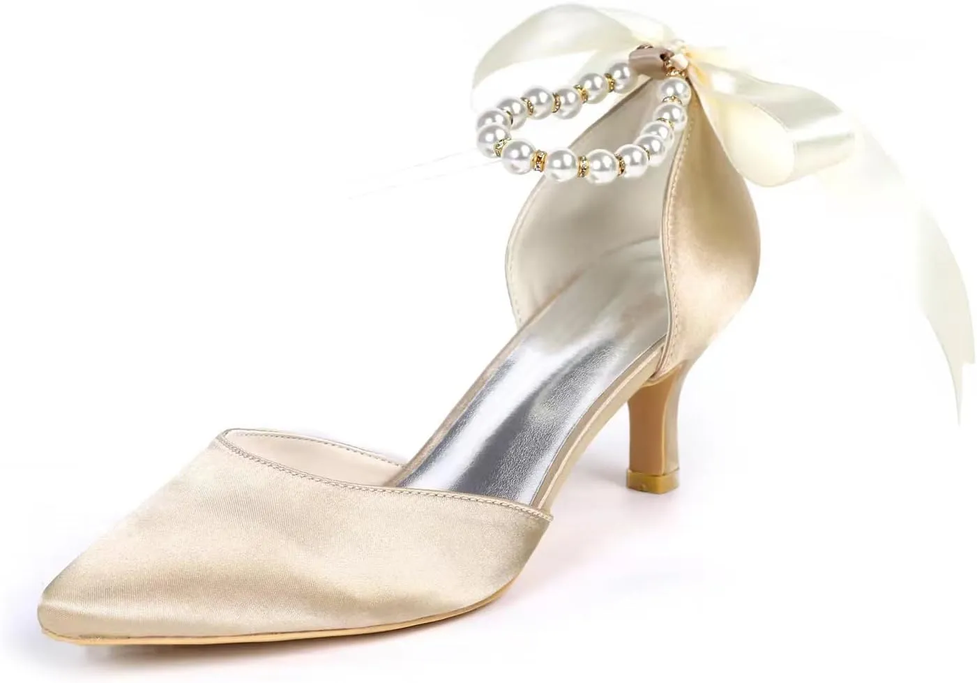 Dress First Womens Wedding Shoes for Bride Pearl Ribbon Tie Satin Kitten Heel Closed Toe Ankle Strap Lace-Up Bridal Shoes