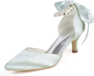 Dress First Womens Wedding Shoes for Bride Pearl Ribbon Tie Satin Kitten Heel Closed Toe Ankle Strap Lace-Up Bridal Shoes