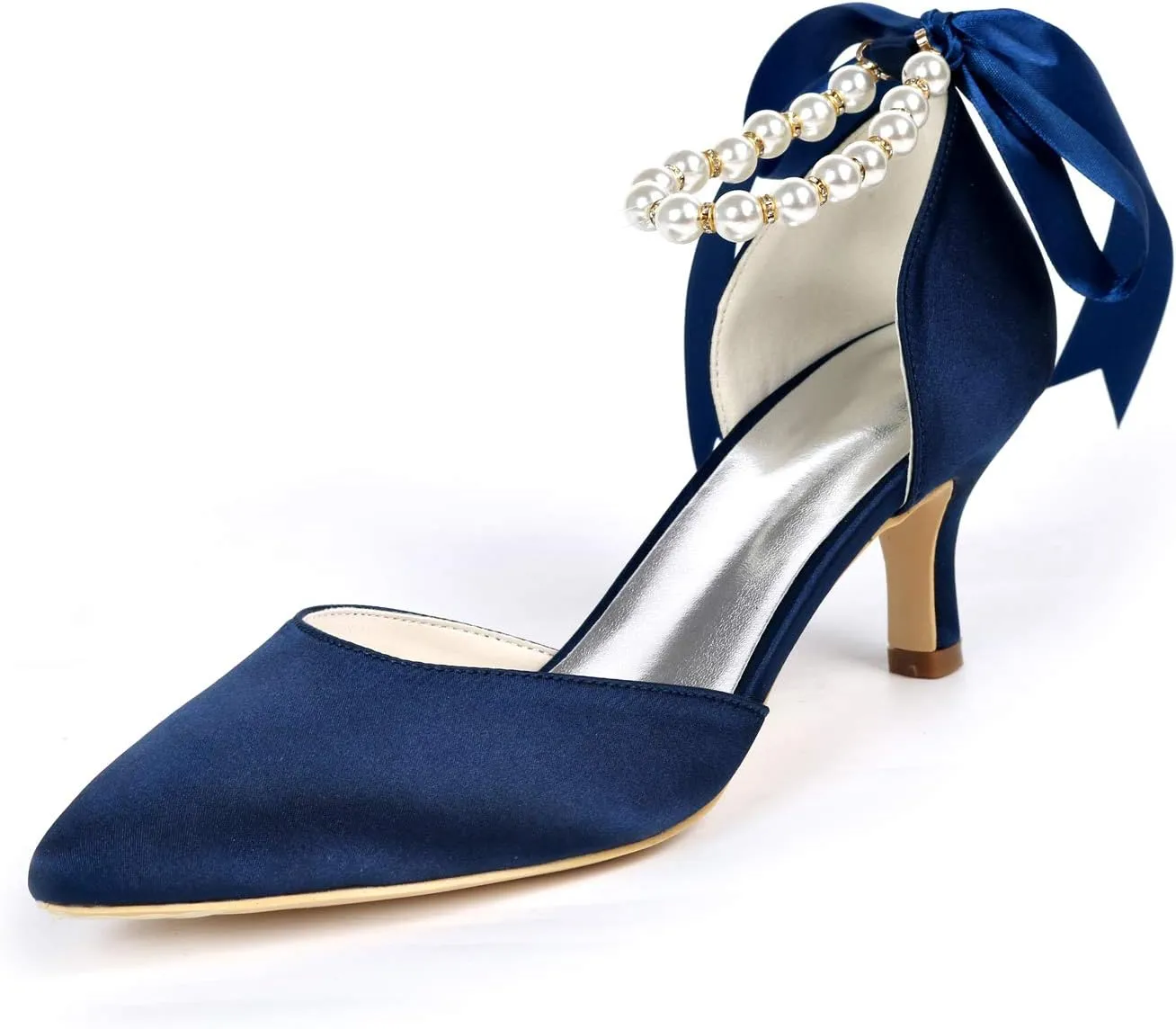 Dress First Womens Wedding Shoes for Bride Pearl Ribbon Tie Satin Kitten Heel Closed Toe Ankle Strap Lace-Up Bridal Shoes