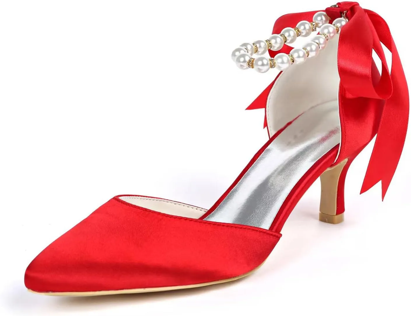 Dress First Womens Wedding Shoes for Bride Pearl Ribbon Tie Satin Kitten Heel Closed Toe Ankle Strap Lace-Up Bridal Shoes