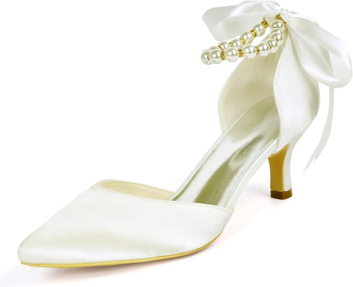 Dress First Womens Wedding Shoes for Bride Pearl Ribbon Tie Satin Kitten Heel Closed Toe Ankle Strap Lace-Up Bridal Shoes