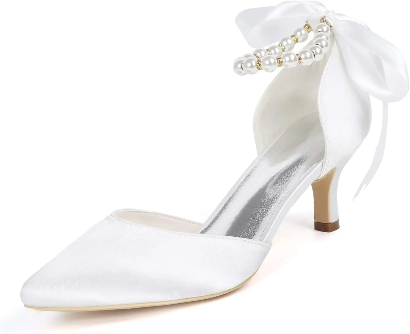 Dress First Womens Wedding Shoes for Bride Pearl Ribbon Tie Satin Kitten Heel Closed Toe Ankle Strap Lace-Up Bridal Shoes
