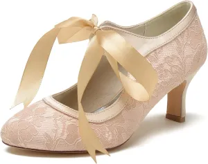 Dress First Women's Wedding Shoes Lace Satin High Heel Closed Toe Wedding Heels Bridal Shoes Ribbon Tie Wedding Lace-Up Shoes