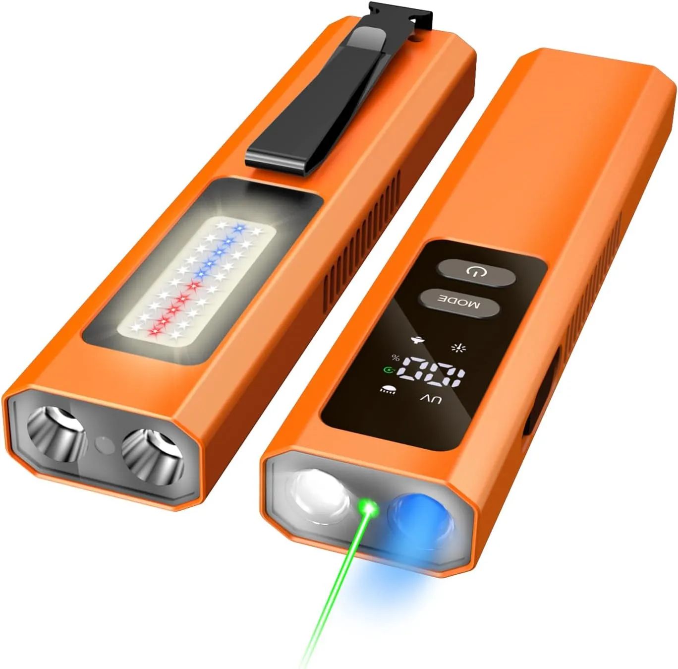 EDC Flat Flashlight High Lumens, Rechargeable Pocket Light with White/Warm LED, UV, Gream Beam, Flash Combo, 4 Bright Modes, Double Magnetic Base, for Outdoors, Emergency, Work, Detection (Orange)