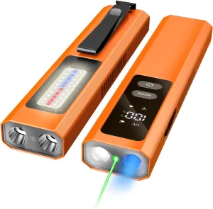 EDC Flat Flashlight High Lumens, Rechargeable Pocket Light with White/Warm LED, UV, Gream Beam, Flash Combo, 4 Bright Modes, Double Magnetic Base, for Outdoors, Emergency, Work, Detection (Orange)