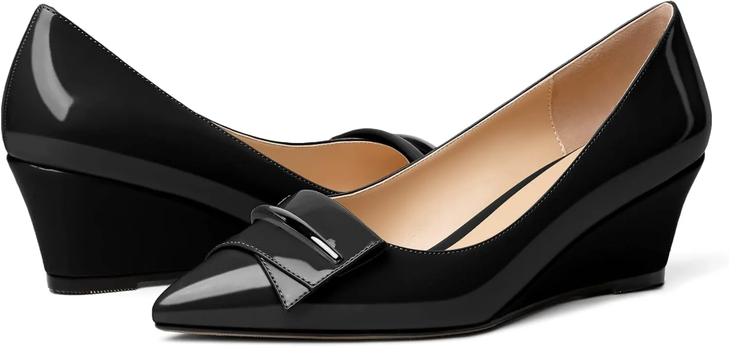 Eldof Low Wedge Heels for Women Pointed Toe Slip On Wedge Pumps with Bow 2 Inches Dress Shoes for Party Wedding Evening