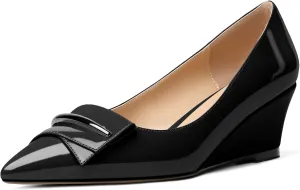 Eldof Low Wedge Heels for Women Pointed Toe Slip On Wedge Pumps with Bow 2 Inches Dress Shoes for Party Wedding Evening