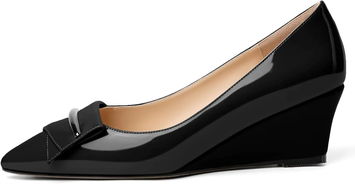 Eldof Low Wedge Heels for Women Pointed Toe Slip On Wedge Pumps with Bow 2 Inches Dress Shoes for Party Wedding Evening