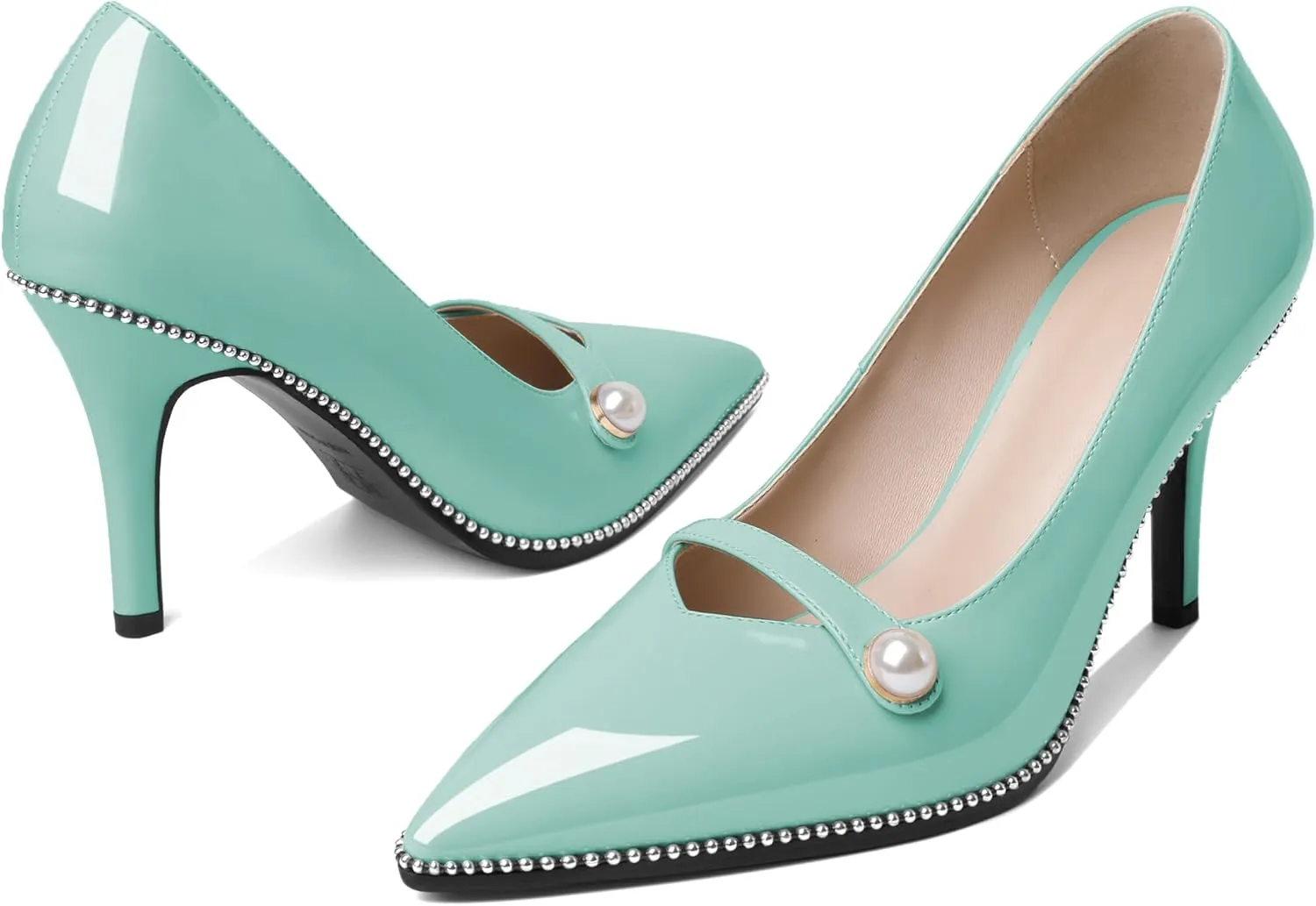 Eldof Women's High Heel Pumps Pointed Toe Slip On Pearl Strap Stiletto Heels Beaded Pumps Shoes Women Dress Sexy Heels 3.5 Inches