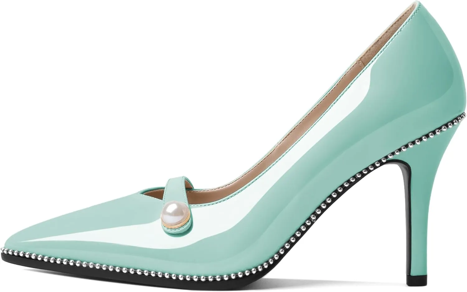 Eldof Women's High Heel Pumps Pointed Toe Slip On Pearl Strap Stiletto Heels Beaded Pumps Shoes Women Dress Sexy Heels 3.5 Inches
