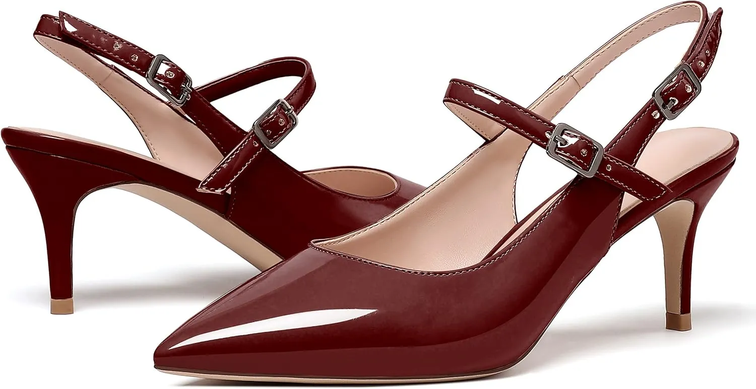 Eldof Women's Pointed Toe Slingback Pumps, Low Heel Ankle Strap Chic Sandals, Classy Kitten Heel 2.5" Heel for Office Dress