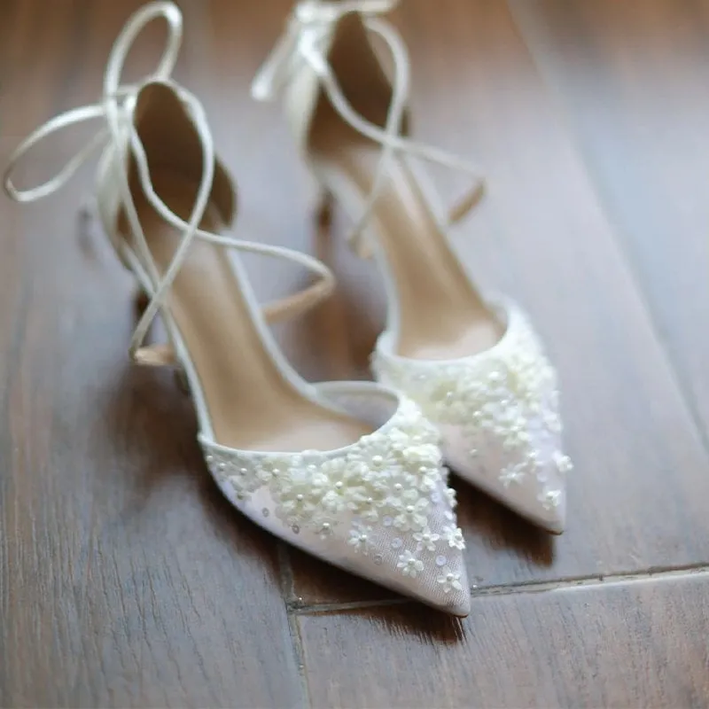 Elegant 3D Floral Sequin Faux Pearl Lace-Up Heels for Bride and Bridesmaids
