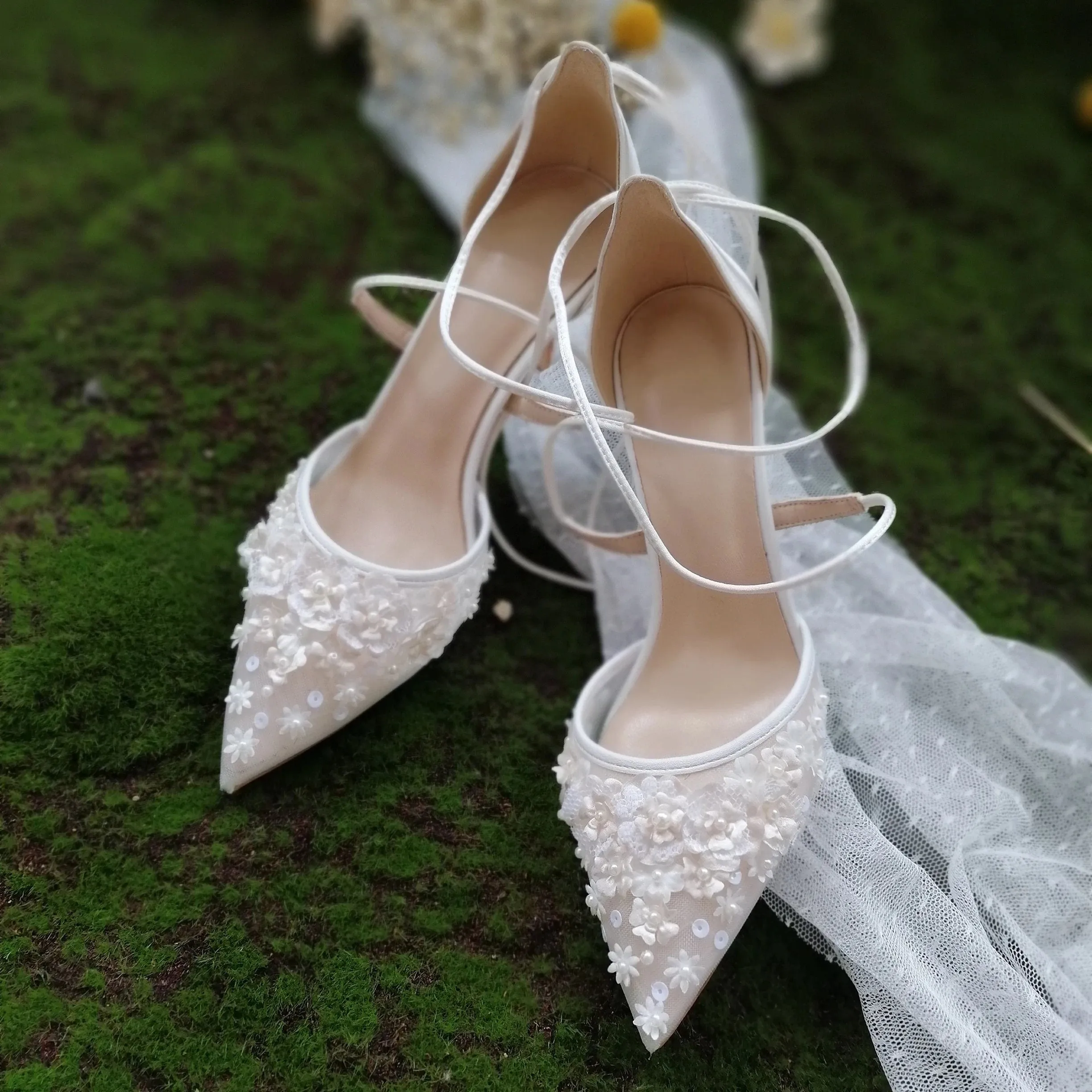 Elegant 3D Floral Sequin Faux Pearl Lace-Up Heels for Bride and Bridesmaids