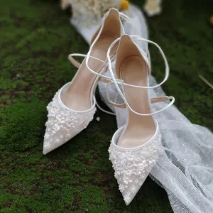 Elegant 3D Floral Sequin Faux Pearl Lace-Up Heels for Bride and Bridesmaids