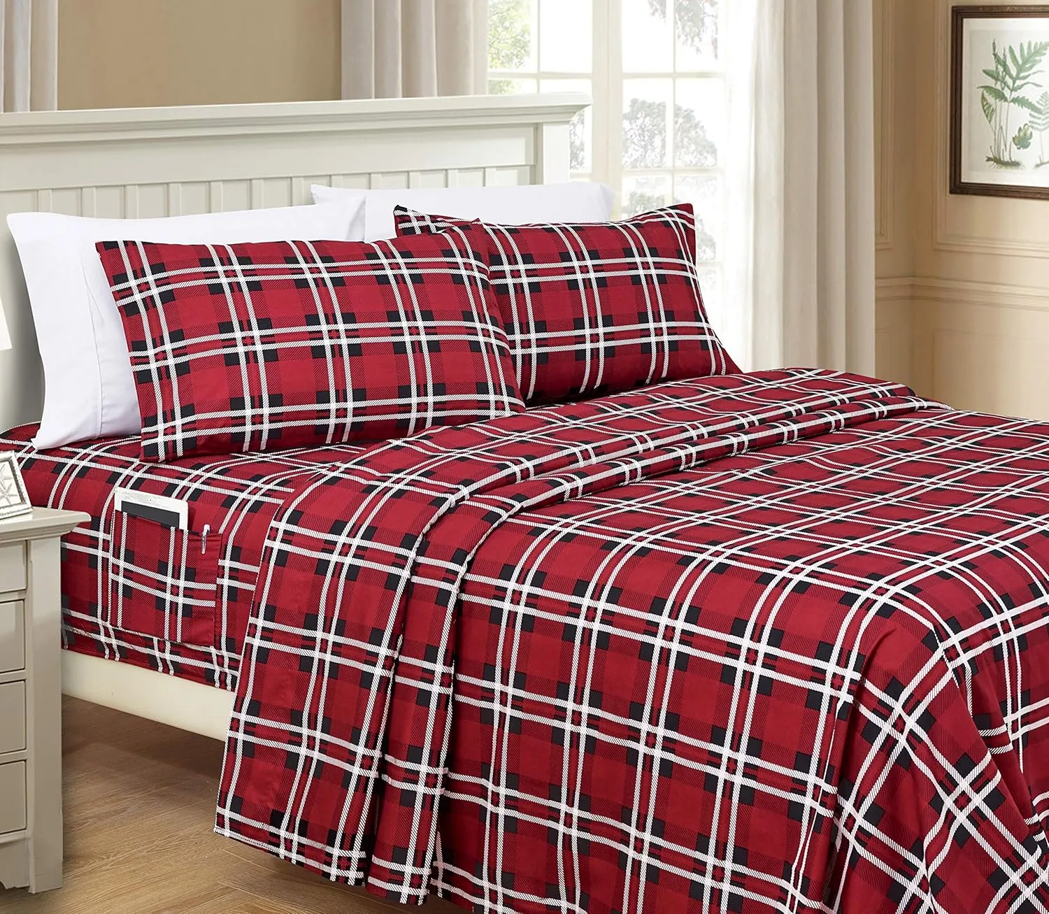 Elegant Comfort Luxury Soft Bed Sheets Plaid Pattern - 1500 Premium Hotel Quality Microfiber Softness Wrinkle and Fade Resistant (6-Piece) Bedding Set, Queen, Plaid Burgundy