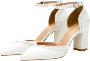 Elegant Wedding Shoes for Bride Block Heel Closed Pointed Toe Pumps