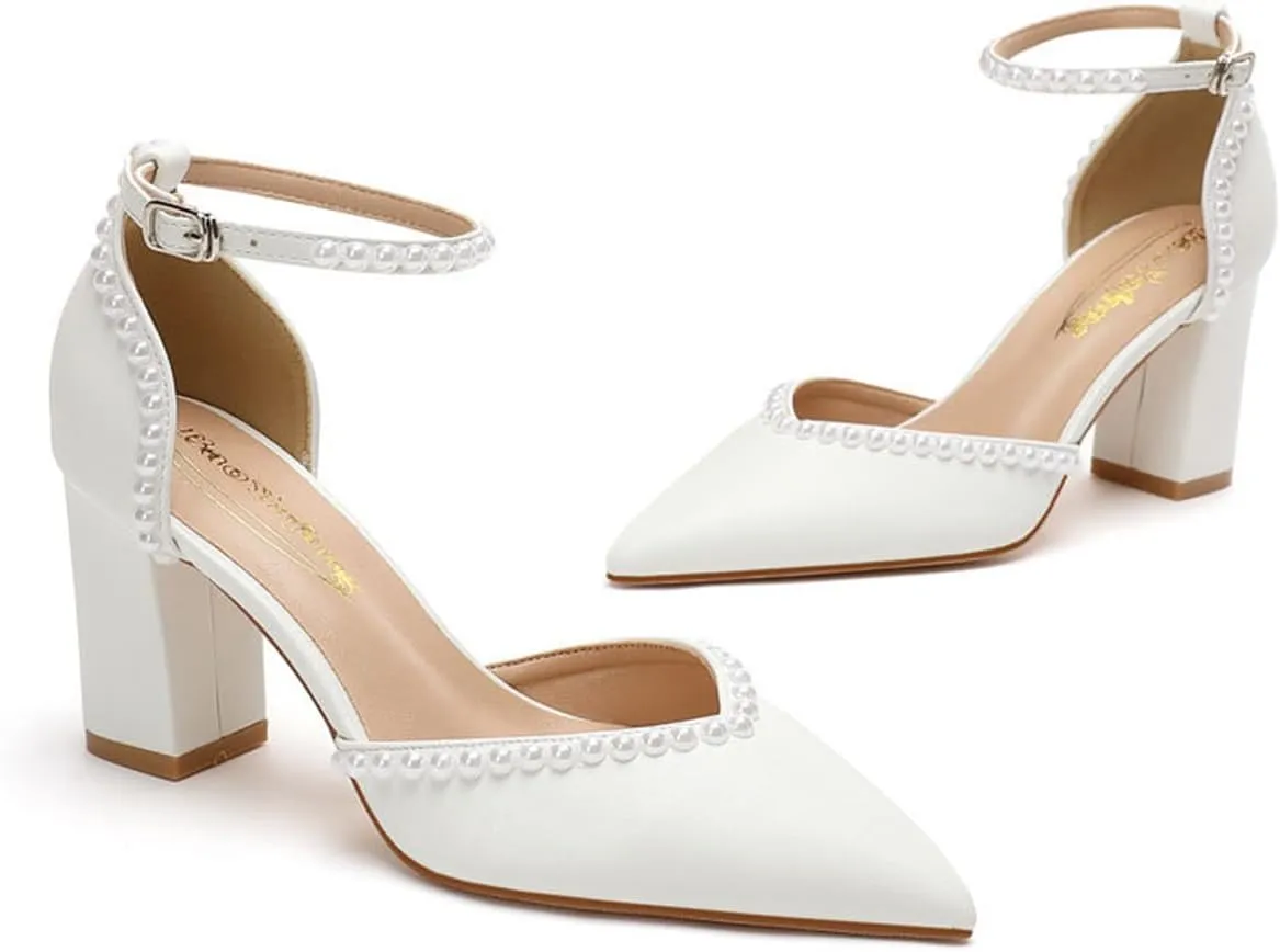 Elegant Wedding Shoes for Bride Block Heel Closed Pointed Toe Pumps