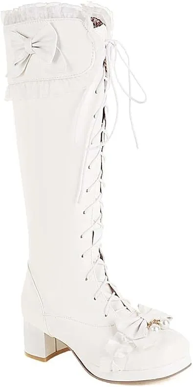 Elyffany Woman Fashion Bow Knee-hign Boots Cute Chunky Heel Lace Lolita Shoes