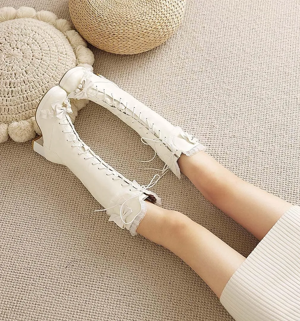 Elyffany Woman Fashion Bow Knee-hign Boots Cute Chunky Heel Lace Lolita Shoes