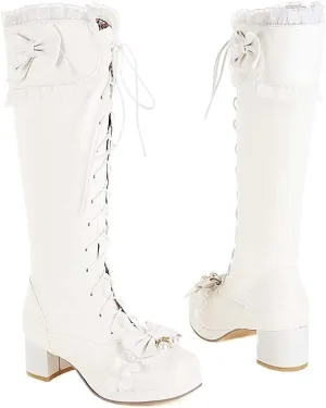 Elyffany Woman Fashion Bow Knee-hign Boots Cute Chunky Heel Lace Lolita Shoes