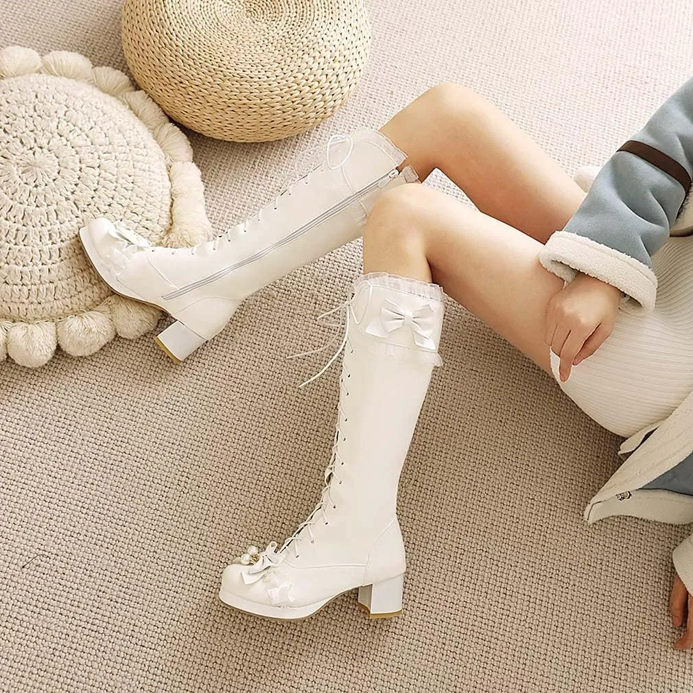 Elyffany Woman Fashion Bow Knee-hign Boots Cute Chunky Heel Lace Lolita Shoes