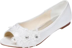 Emily Bridal Wedding Shoes Women's Satin Flat Heel Peep Toe with Crystal Heel Crystal