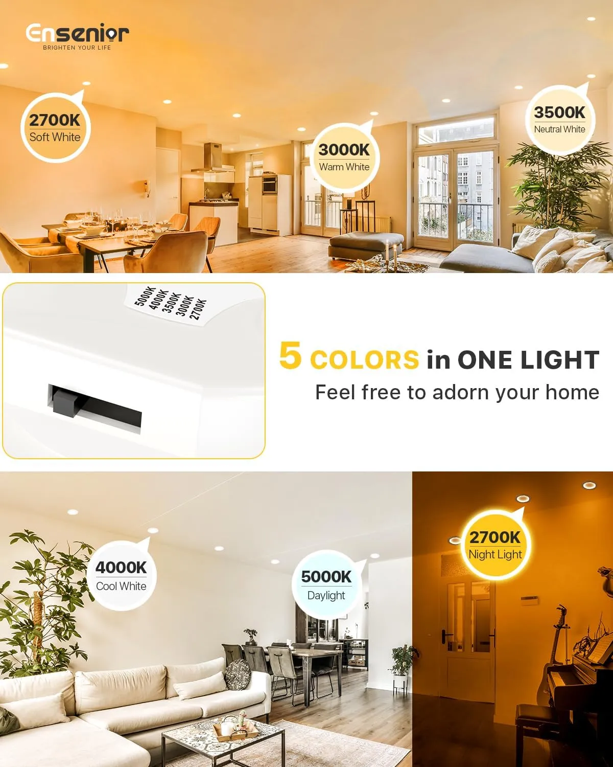 Ensenior 4 Inch LED Recessed Lighting 6 Pack with Night Light, Dimmable Flat LED Can Lights, 5CCT Adjustable Color Temperature (2700K-5000K), 7W=77W 700LM, IC & Damp Rated, FCC (6, 4 Inch)