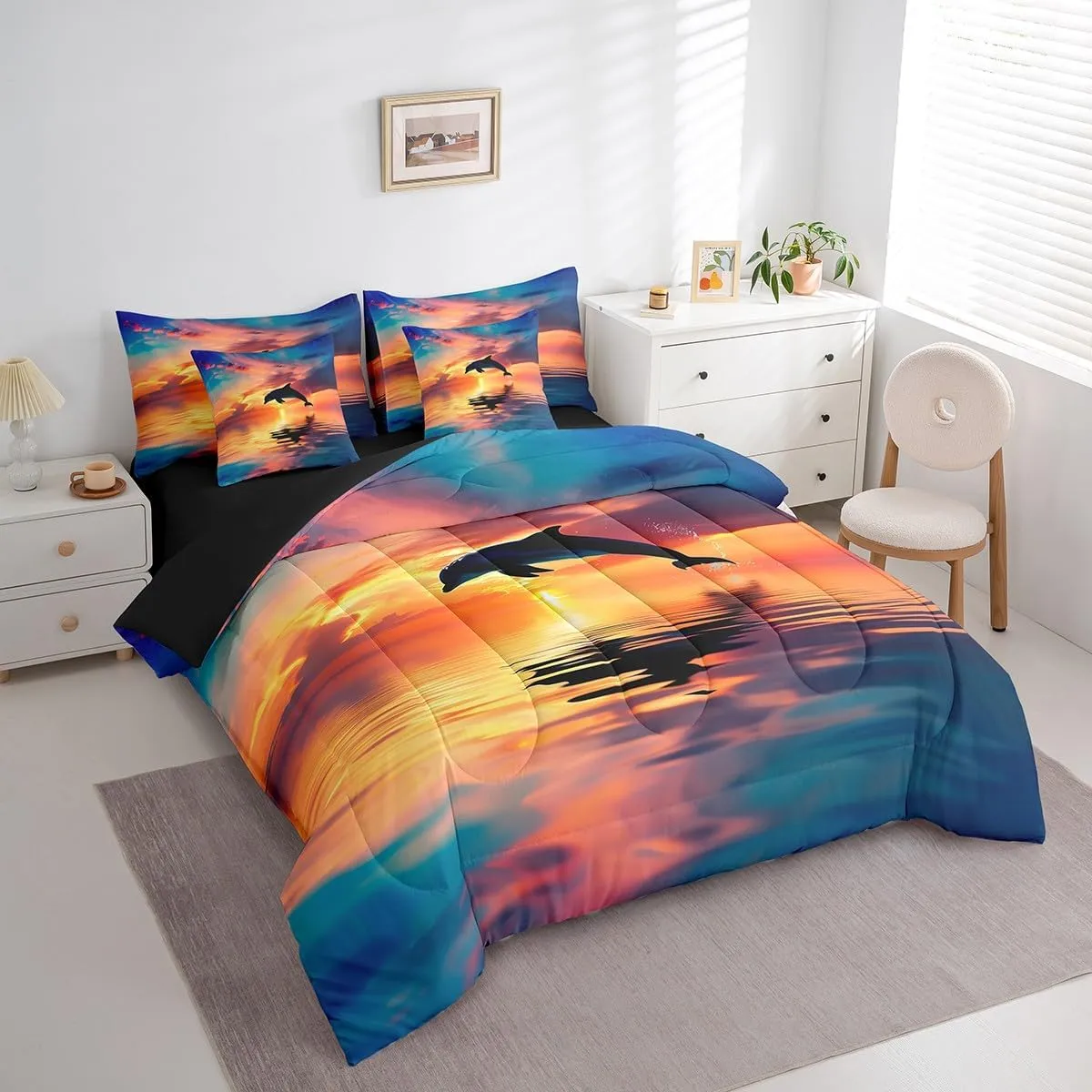 Erosebridal 7 Pcs 3D Dolphin Bedding Sets Blue Ocean Quilt with Flat Fitted Sheet Twin Coastal Animals Bed in A Bag Sunrise Ocean Landscape Comforter Set