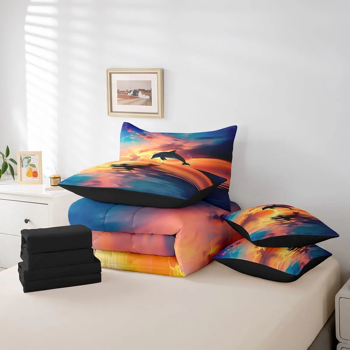 Erosebridal 7 Pcs 3D Dolphin Bedding Sets Blue Ocean Quilt with Flat Fitted Sheet Twin Coastal Animals Bed in A Bag Sunrise Ocean Landscape Comforter Set