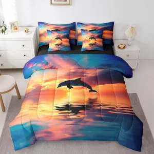 Erosebridal 7 Pcs 3D Dolphin Bedding Sets Blue Ocean Quilt with Flat Fitted Sheet Twin Coastal Animals Bed in A Bag Sunrise Ocean Landscape Comforter Set