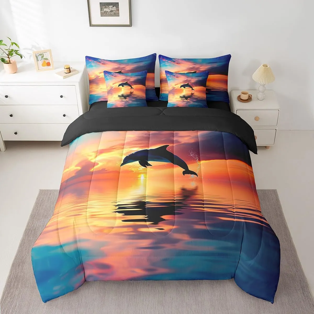 Erosebridal 7 Pcs 3D Dolphin Bedding Sets Blue Ocean Quilt with Flat Fitted Sheet Twin Coastal Animals Bed in A Bag Sunrise Ocean Landscape Comforter Set