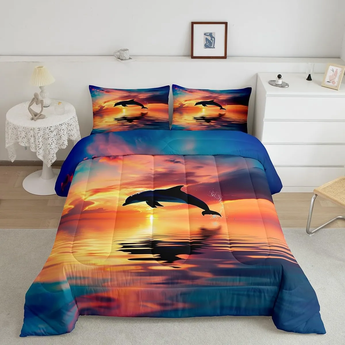 Erosebridal 7 Pcs 3D Dolphin Bedding Sets Blue Ocean Quilt with Flat Fitted Sheet Twin Coastal Animals Bed in A Bag Sunrise Ocean Landscape Comforter Set