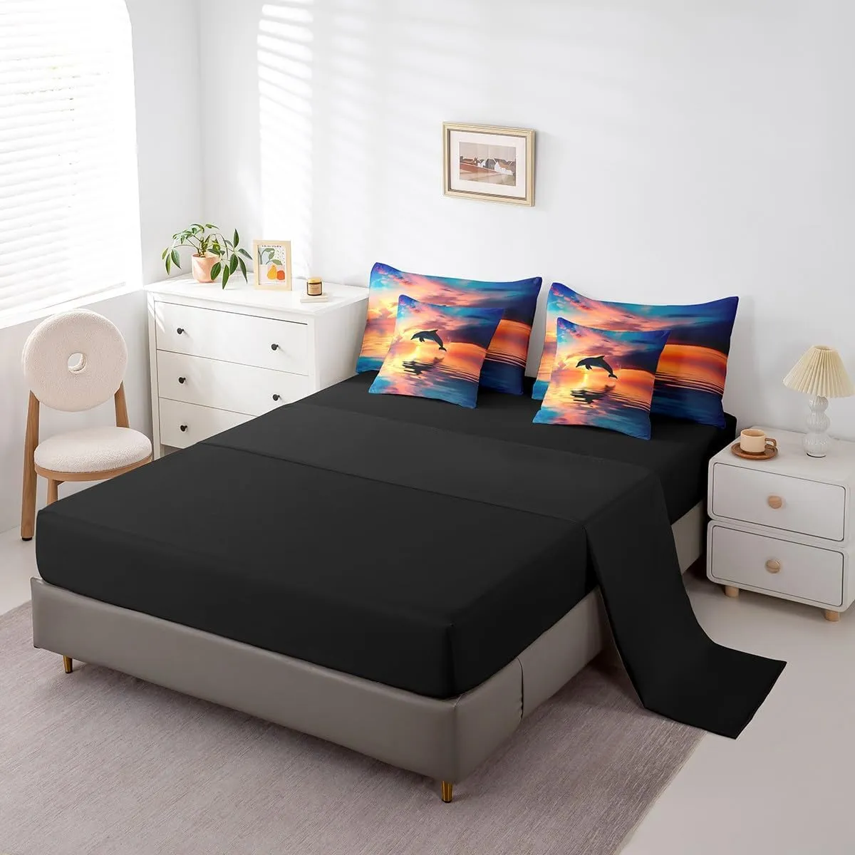 Erosebridal 7 Pcs 3D Dolphin Bedding Sets Blue Ocean Quilt with Flat Fitted Sheet Twin Coastal Animals Bed in A Bag Sunrise Ocean Landscape Comforter Set