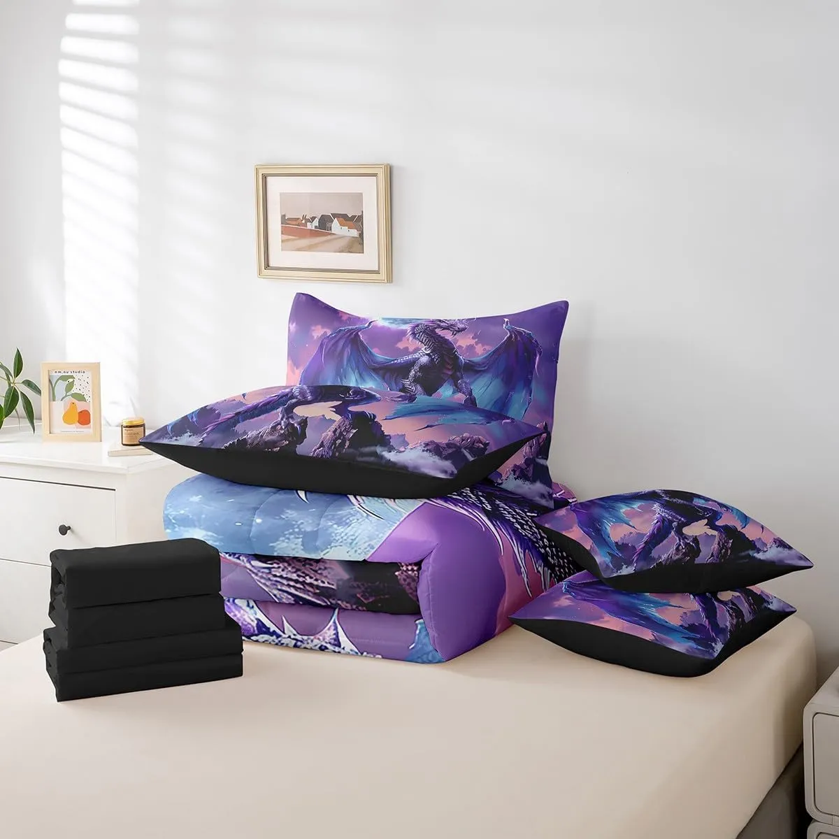 Erosebridal Pterosaur 7 Piece Comforter Set Queen, Western Dragon Fantasy Dragon Bedding, Animals Moutains Cloud Lumbar Sheet Set Bed in A Bag, Blue Purple