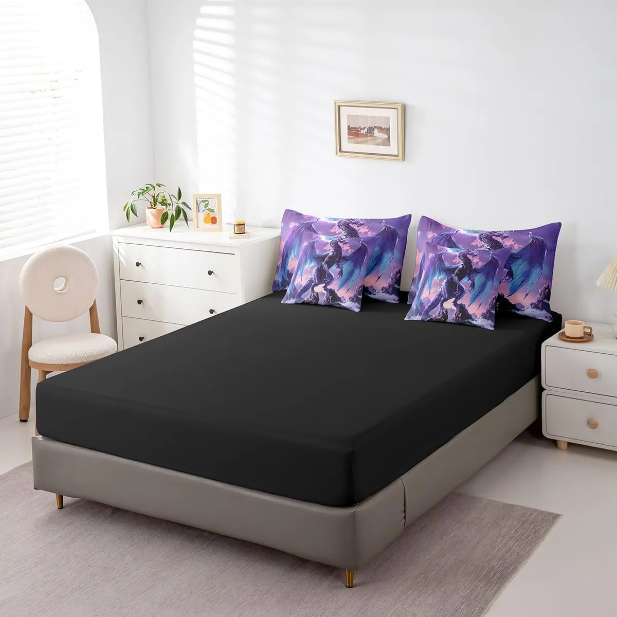 Erosebridal Pterosaur 7 Piece Comforter Set Queen, Western Dragon Fantasy Dragon Bedding, Animals Moutains Cloud Lumbar Sheet Set Bed in A Bag, Blue Purple