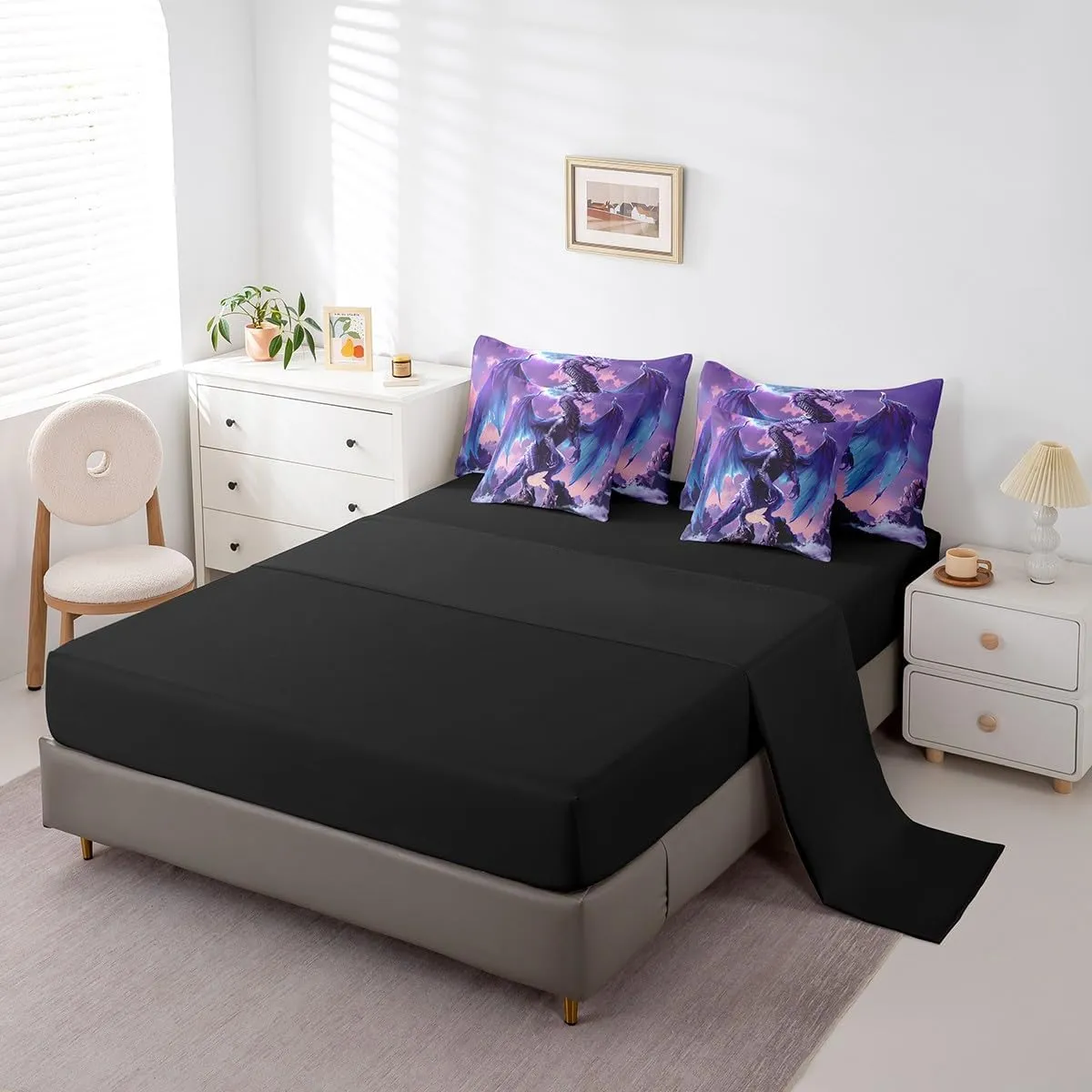 Erosebridal Pterosaur 7 Piece Comforter Set Queen, Western Dragon Fantasy Dragon Bedding, Animals Moutains Cloud Lumbar Sheet Set Bed in A Bag, Blue Purple